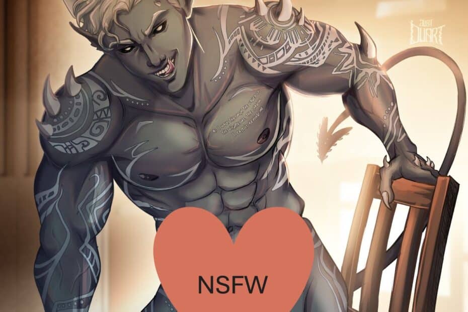 NSFW character art for Capturing Sin featuring Sin the demon in the kitchen scene censored.